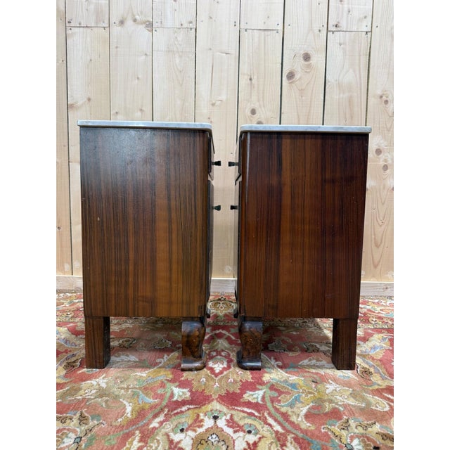 Brown Art Deco Nightstands in Exotic Wood Veneer with Marble Tops, Set of 2 For Sale - Image 8 of 9