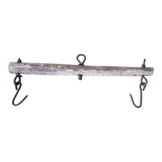 Antique Rustic Wooden Beam Rack With Hand-Forged Iron Hooks For Sale