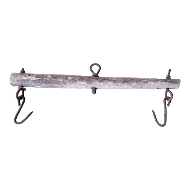 Antique Rustic Wooden Beam Rack With Hand-Forged Iron Hooks For Sale