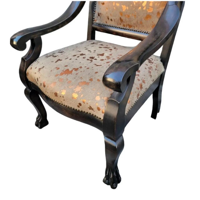 Rococo Antique French Baroque Carved Mahogany Fireside Throne Chair Newly Reupholstered in Cowhide For Sale - Image 3 of 6