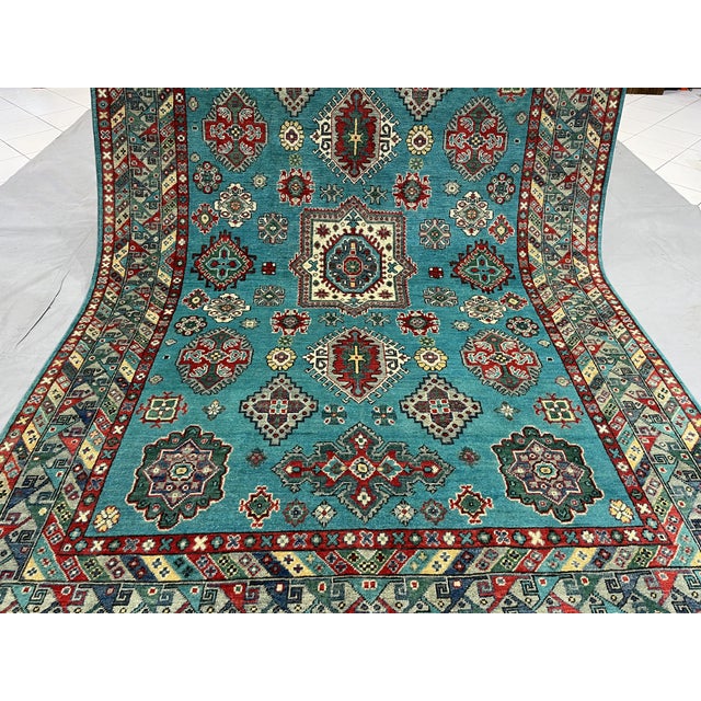 Turquoise and Red Kazak Wool Area Rug With Tribal Motifs, 6'7" X 9'8" For Sale - Image 16 of 16