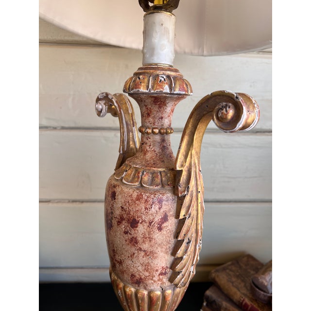 Fine Antique Italian Neoclassical Giltwood & Faux Hand Painted Marble Carved Urn Table Lamp For Sale In Palm Springs - Image 6 of 11