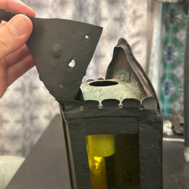 Antique Black Metal Wall Lantern Light With Blown Glass Panels For Sale - Image 4 of 11