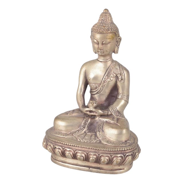 19th Century Seated Buddha Figure in Silver-Plated Metal, Asia For Sale