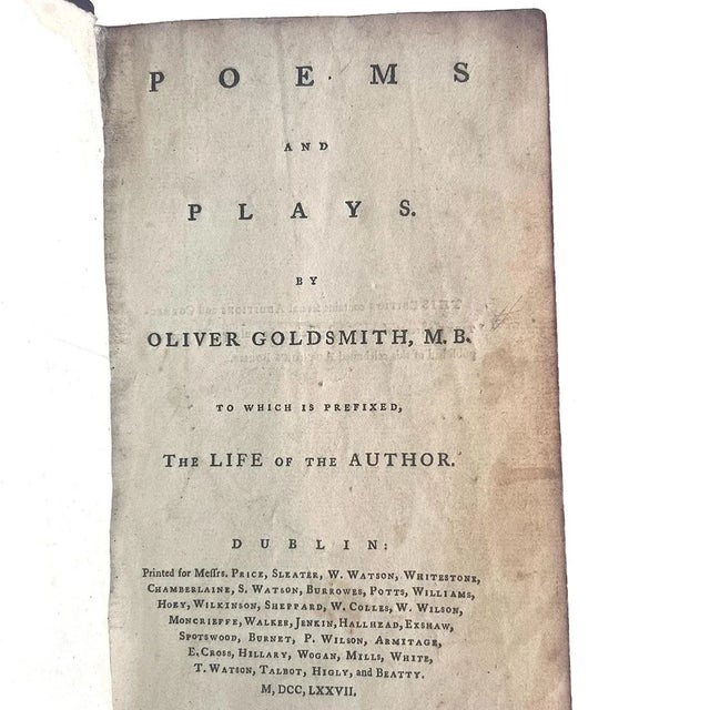 1775 First Edition Leather Book: The Poems and Plays by Oliver Goldsmith, M. B. For Sale - Image 9 of 11