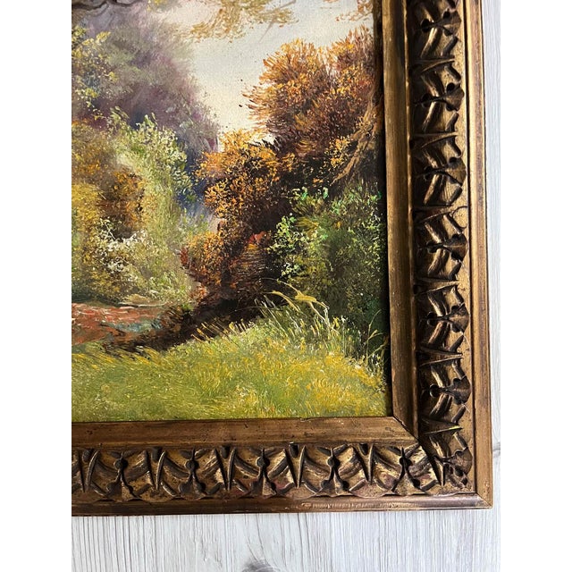 1900 - 1909 Antique French Landscape Oil Painting in Gesso Frame For Sale - Image 5 of 7