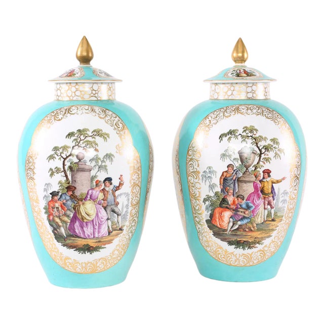 19th Century Hollywood Regency Gilt Porcelain Covered Urns - a Pair For Sale