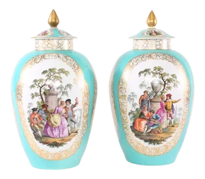 19th Century Hollywood Regency Gilt Porcelain Covered Urns - a Pair