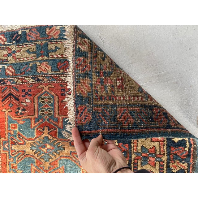 Textile Antique Northwest Persian Heriz Runner Rust, Camel, French Blue Rug 3.4 x 10.6 For Sale - Image 7 of 12