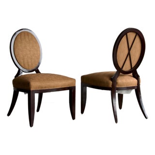 Pair of Barbara Barry for Baker Oval X-Back Side Chairs With Umber Gold Floral Fabric, Late 20th Century For Sale