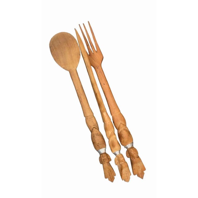 Mid 20th Century Mid Century Tribal Hand Carved Wooden Serving Utensils- Set of 3 For Sale - Image 5 of 12