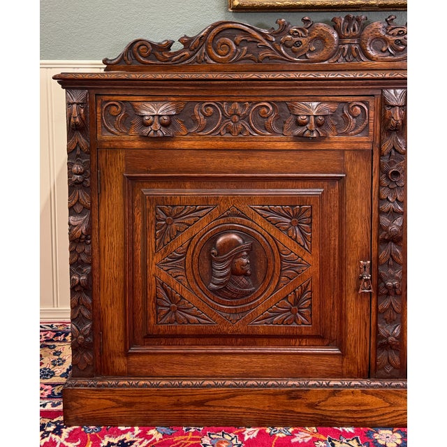 Antique Renaissance Revival French Server Sideboard Buffet Cabinet Oak 19c For Sale - Image 9 of 18