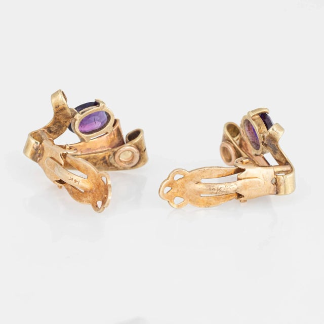 Mid-Century Modern Vintage Amethyst 14k Yellow Rose Gold Clip on Earrings - 2 Pieces For Sale - Image 3 of 3
