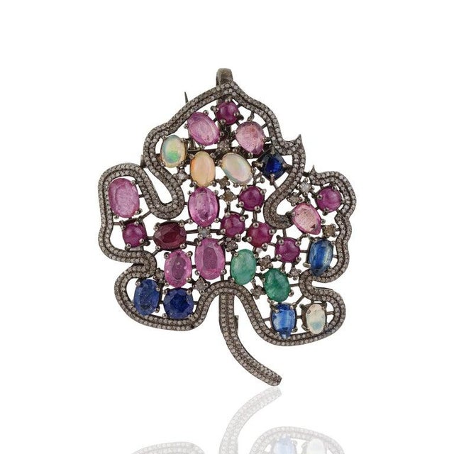 9.15 Ct Multi Gemstone Maple Leaf Convertible Brooch Pendant in Sterling Silver For Sale - Image 9 of 11