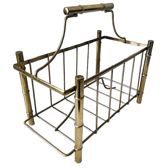 Vintage Hollywood Regency Faux Bamboo Newspaper Rack, Magazine Basket, and Magazine Rack in gold metal from the 1960s....