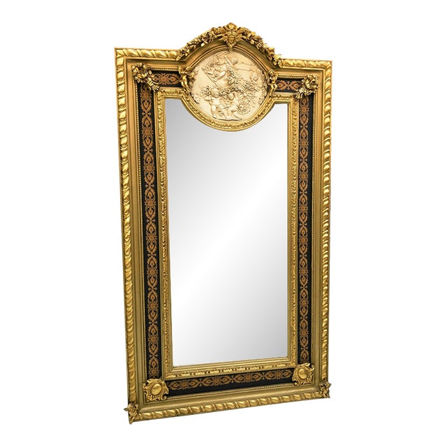 Grand French-Style Gilded Wall Mirror – Ornate Gold Leaf Frame With Cherub Medallion & Blue Decorative Panels For Sale