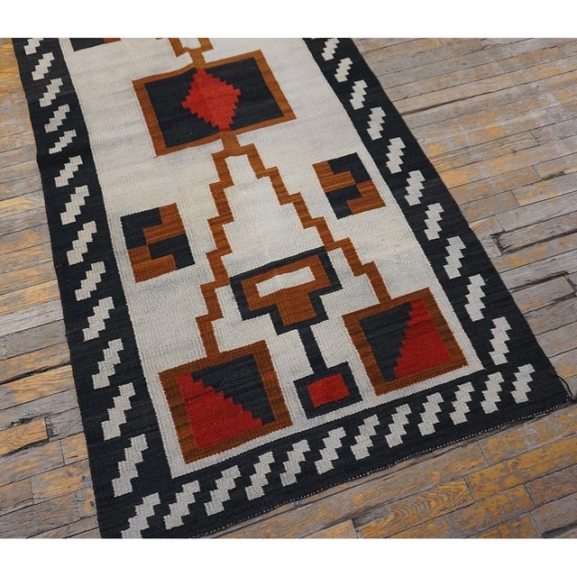 1930s Mid 1930s Ivory Geometric Tribal Antique Native Navajo American Flatwoven Rug For Sale - Image 5 of 10