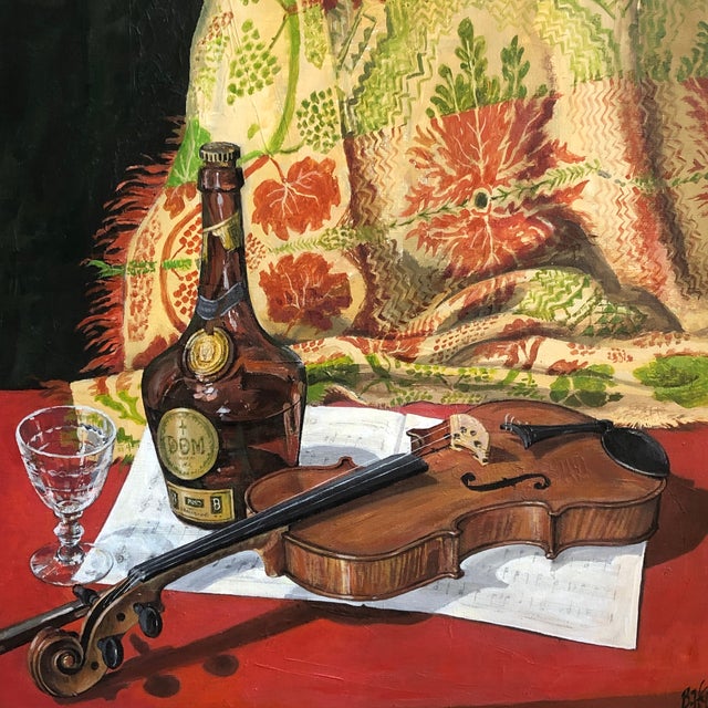 Traditional Early 20th-Century Acrylic on Canvas Music-Themed Still Life, Framed For Sale - Image 3 of 12