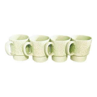 4 Embossed Vintage 60s Stackable Flower Power Mugs Cups Spring Green Japan 3.5” For Sale