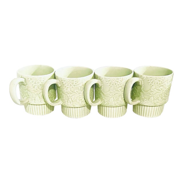 4 Embossed Vintage 60s Stackable Flower Power Mugs Cups Spring Green Japan 3.5” For Sale