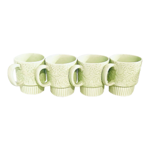 4 Embossed Vintage 60s Stackable Flower Power Mugs Cups Spring Green Japan 3.5”