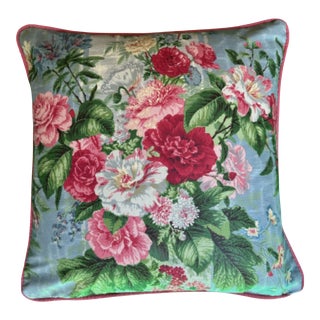 Mortefontaine Roses on Blue by Pierre Frey Square Decorative Pillow With Down Feather Insert For Sale