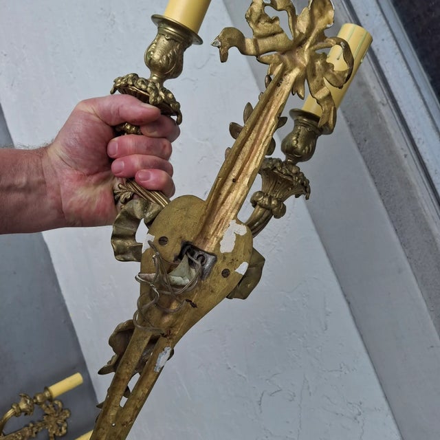 C1900 Antique French Louis XVI Gold Bronze Ribbon, Tassel, Fruit Detailed Wall Sconces Set of 4 For Sale - Image 17 of 18