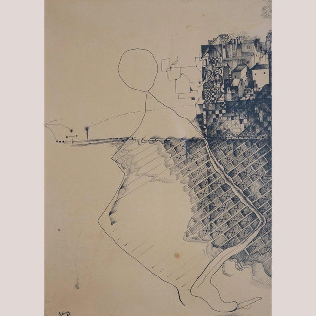 Surreal Architectural Composition, Pen and Ink Drawing, 20th Century For Sale - Image 7 of 7