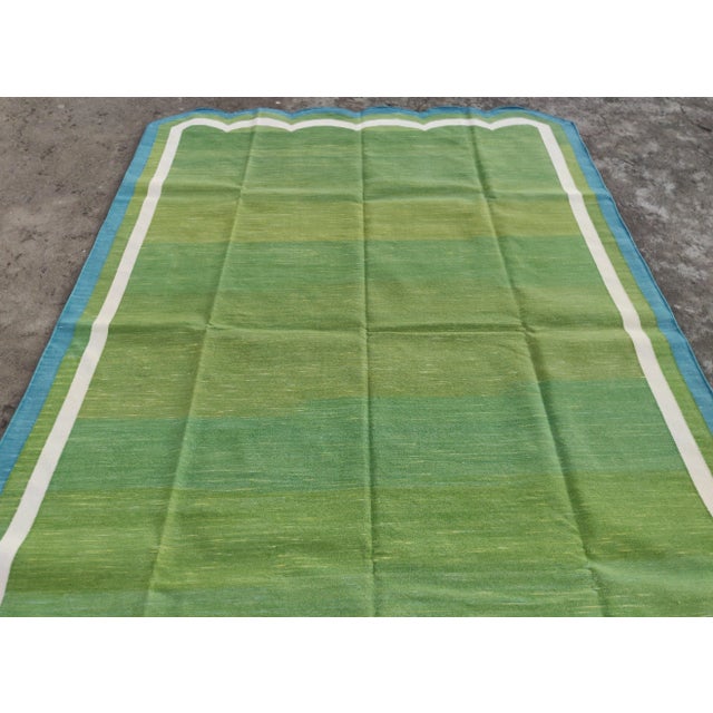 Textile Handmade Cotton Vegetable Dyed Scalloped Edge Rug Moss Green With Teal Blue Border - 6x9 For Sale - Image 7 of 11