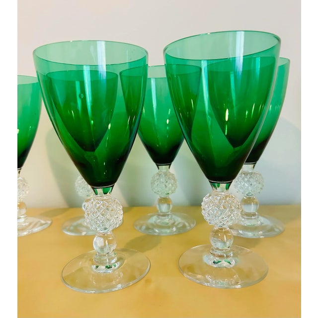 1970s Antique Green & Clear Crystal Drink Stem Glasses- Set of 7 For Sale - Image 5 of 6