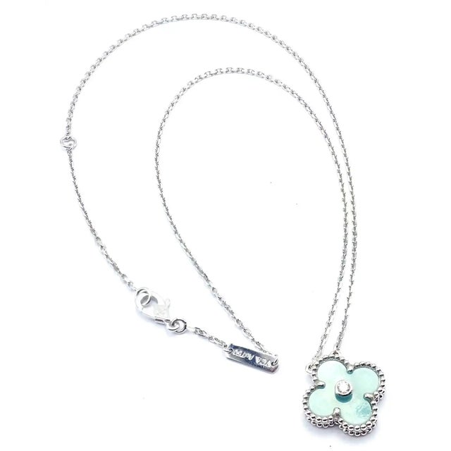 Van Cleef & Arpels Van Cleef & Arpels Diamond Celadon Sevres Porcelain White Gold Alhambra Necklace For Sale - Image 4 of 12