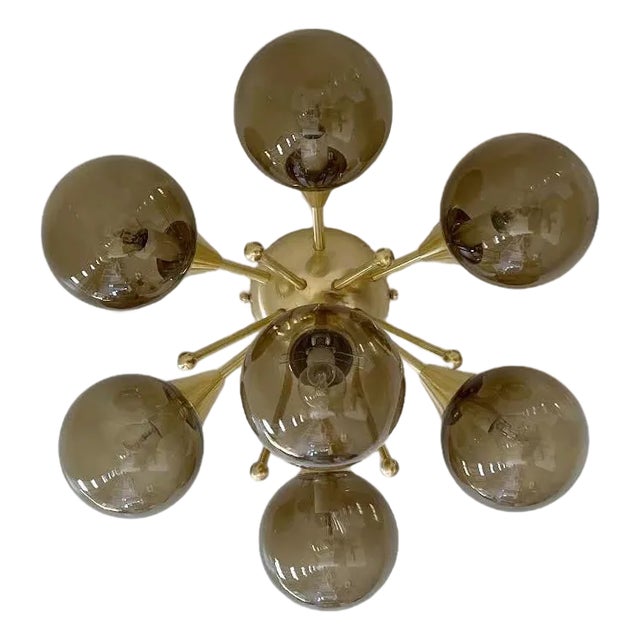 21st Century Chamomile Natural Brass Smoky Globe Flush Mount by Fabio LTD For Sale