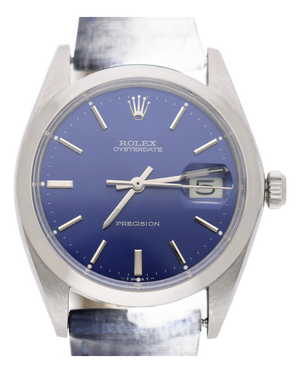 1960s Rolex 6694 Oysterdate Precision Blue Sunburst Dial 34mm Watch