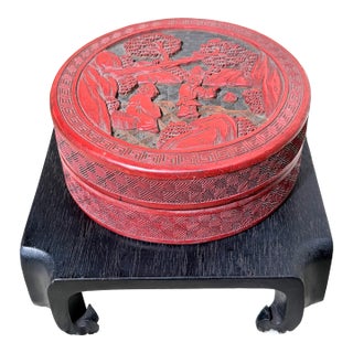 Antique Chinese Republic Era 1930’s Round Cinnabar Lacquer Box Landscape Scene For Sale