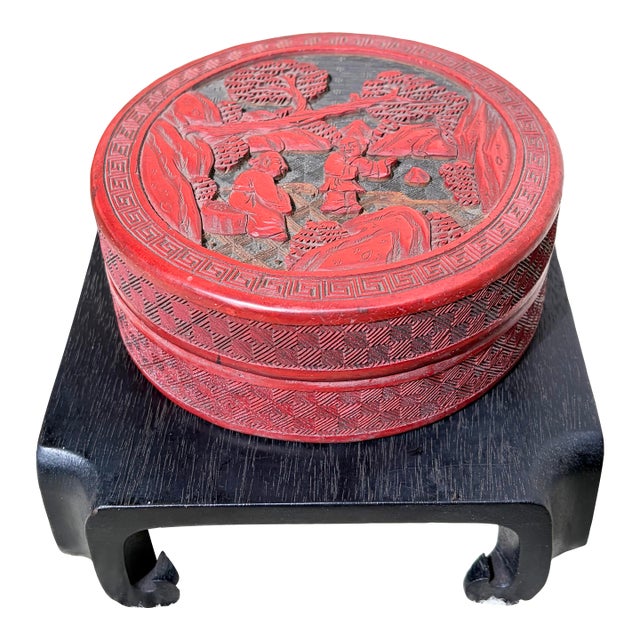 Antique Chinese Republic Era 1930’s Round Cinnabar Lacquer Box Landscape Scene For Sale