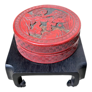 Antique Chinese Republic Era 1930’s Round Cinnabar Lacquer Box Landscape Scene
