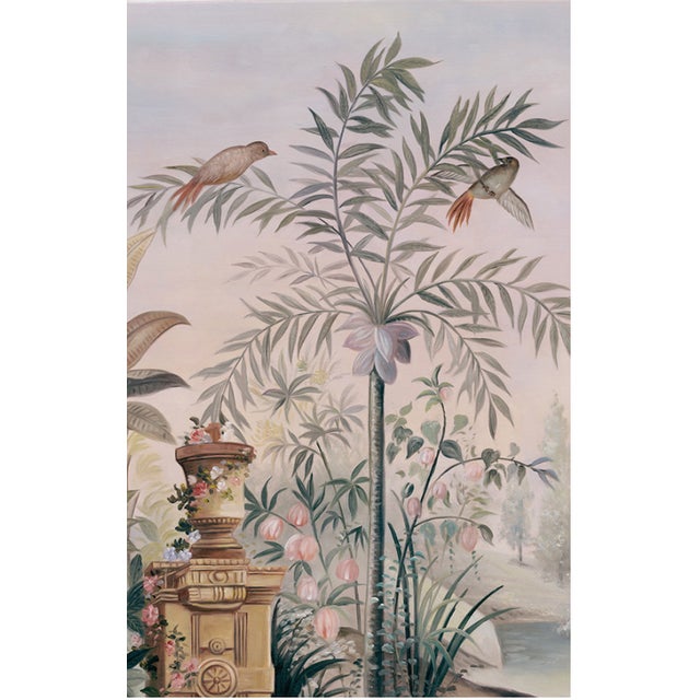 Paper 36" * H108" * 5ps, Hand-Painted Morandi Misty Classical Garden Tropical Bird & Foliage Wall Mural, Neoclassical Tropical Landscape Mural For Sale - Image 7 of 9