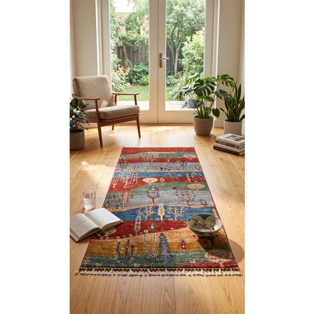 A hand-knotted runner in the Persian Gabbeh style, worked in bands of madder red, sage green, slate grey, indigo and gold....