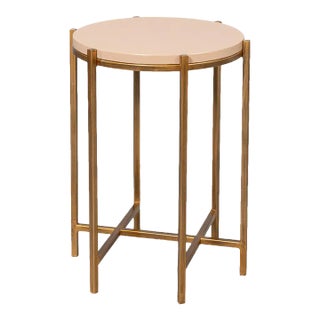 Taupe Leather Top Accent Table For Sale