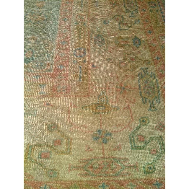 Vintage Turkish Oushak Hand-Knotted Rug in Open Geometric Pattern in Pale Green, Yellow, Pink For Sale - Image 16 of 17