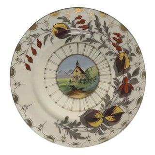Antique Milk Glass Plate: Hand Painted Church Scene, Gold Gilt Border For Sale