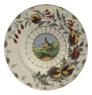 Antique Milk Glass Plate: Hand Painted Church Scene, Gold Gilt Border