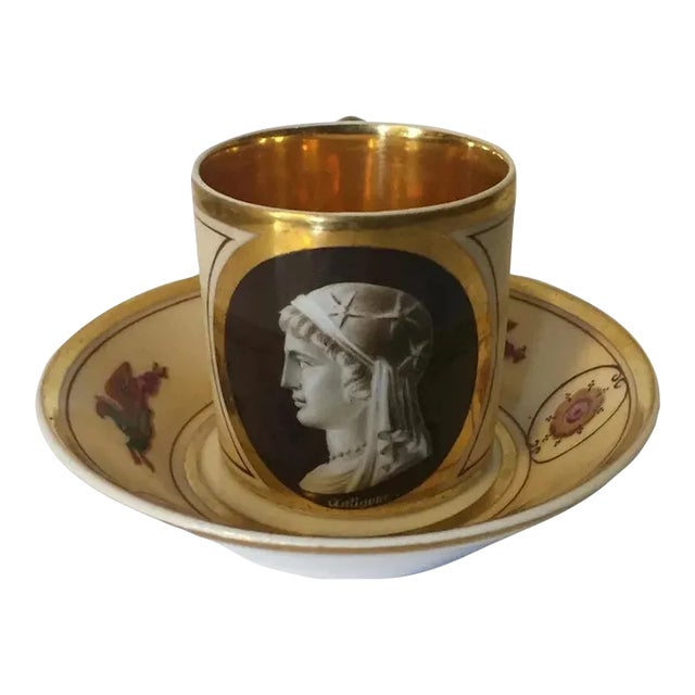 Antique Early 19th Century French Empire Porcelain La Courtille Tea Cup & Saucer - A Pair For Sale