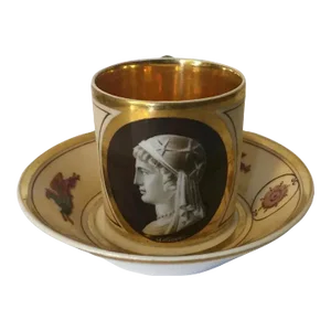 Antique Early 19th Century French Empire Porcelain La Courtille Tea Cup & Saucer - A Pair