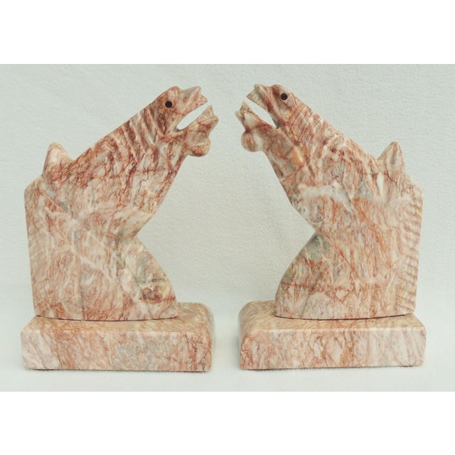 Pair Vintage Mid Century Pink Marble Carved Equestrian Figural Horse Bookends For Sale - Image 10 of 10