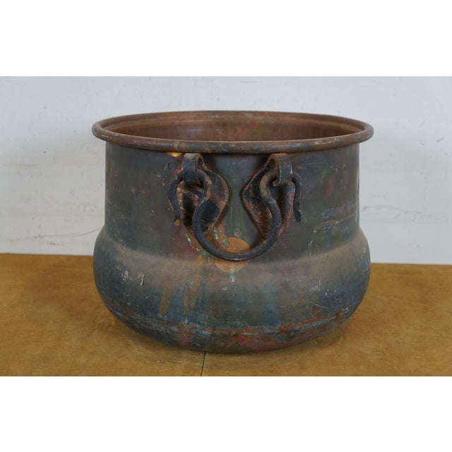 Early 20th Century Antique Hammered Copper Cauldron Cook Pot Kettle With Iron Handles For Sale - Image 5 of 12