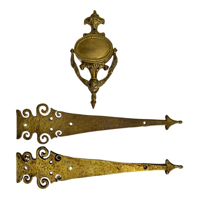 1940s Hammered Brass Door Strap Hinges by Wm. Spencer With Brass Door Knocker - Set of 3 For Sale