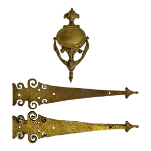 1940s Hammered Brass Door Strap Hinges by Wm. Spencer With Brass Door Knocker - Set of 3