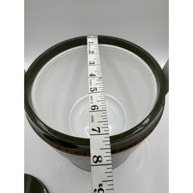 Vintage 1960s Ceramic Hollywood Regency Green & Gold Vinyl Ice Bucket With Handle For Sale - Image 4 of 11