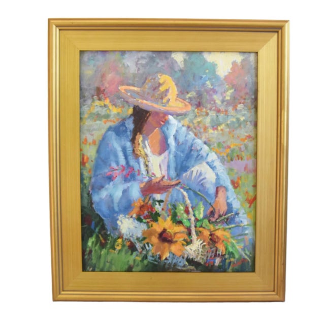 Mid 20th Century Silvio Silvestri, Listed Artist Woman Gathering Flowers Landscape Oil Painting Including the Antiqued Gold Wood Frame For Sale - Image 5 of 13